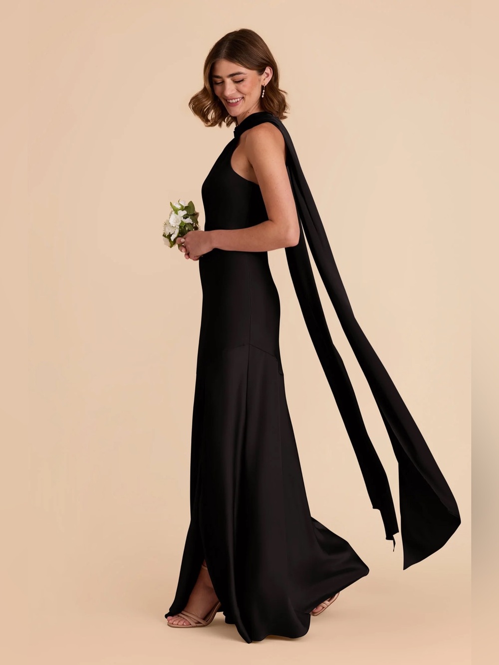 Women's Black Sleeveless Satin Floor Length Halter Dress Scarf Detail